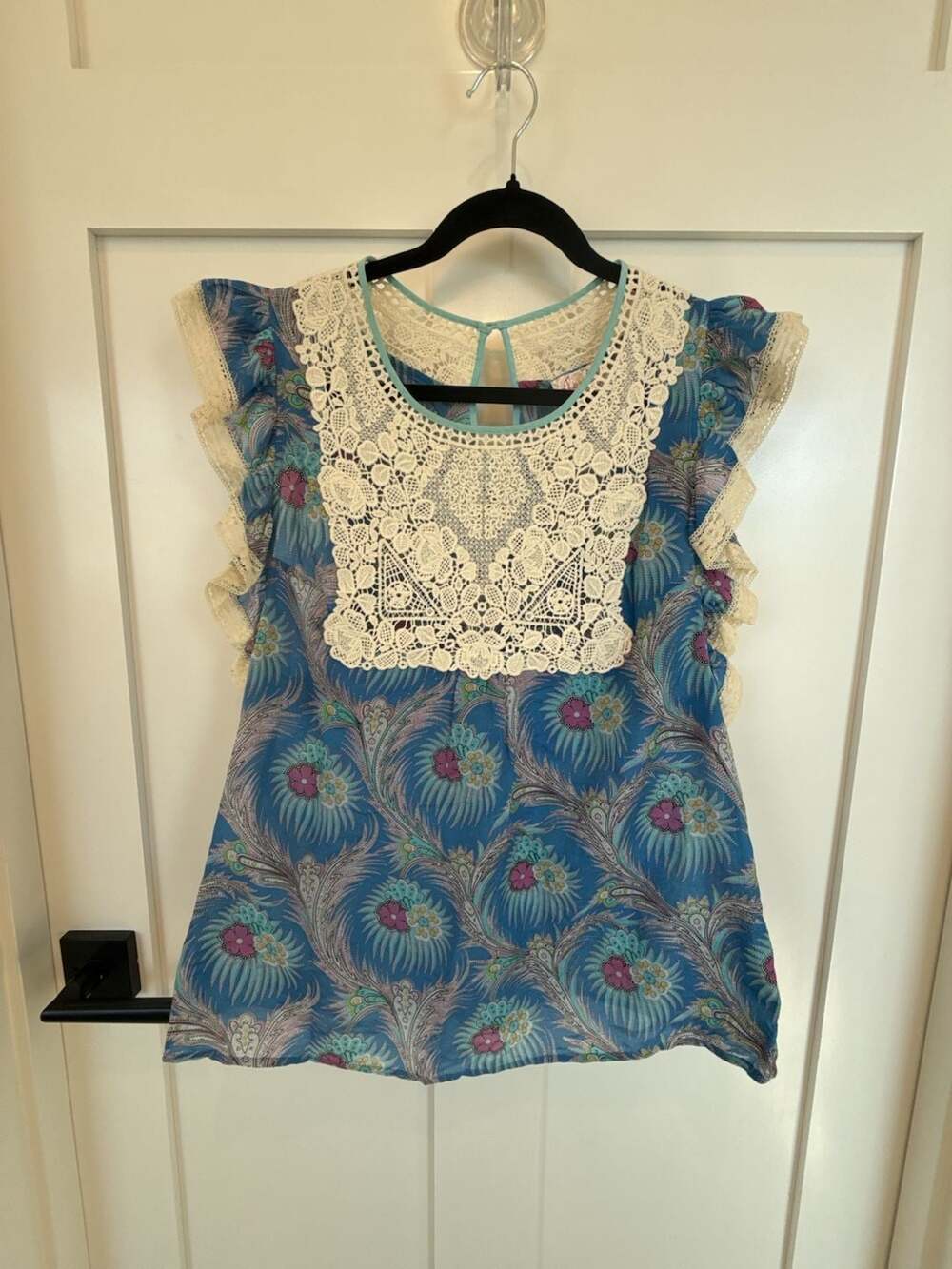 Plenty by Tracy Reese Blue Floral Paisley Flutter Sleeve Lace Trim Blouse